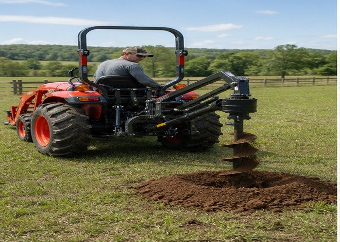 Compact tractor drilling a fence post hole with a rear PTO auger in an open pasture