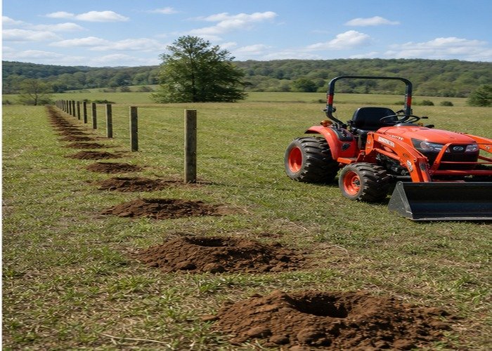 Straight line of finished fence post holes with a compact tractor parked beside the work Straight line of finished fence post holes with a compact tractor parked beside the work