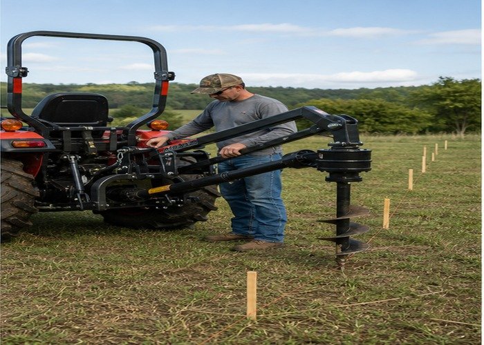 Operator checking the three-point hitch PTO shield and auger alignment on a stopped compact tractor Operator checking the three-point hitch PTO shield and auger alignment on a stopped compact tractor