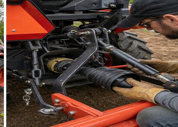 Operator inspecting PTO shaft guard and driveline alignment before tilling Operator inspecting PTO shaft guard and driveline alignment before tilling