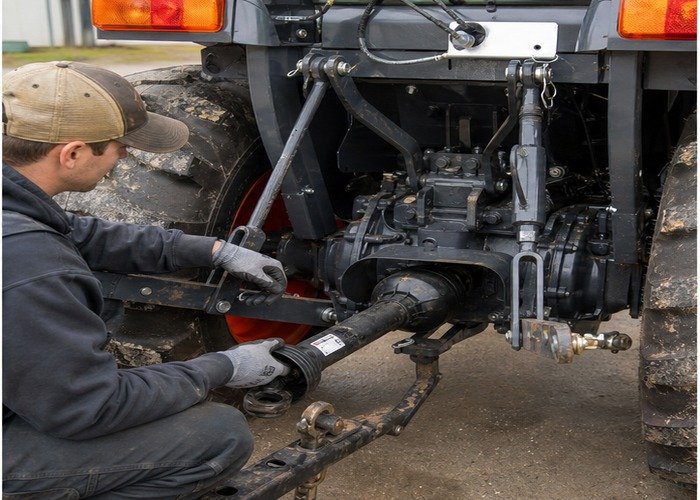 Operator checking PTO shaft guard and three-point hitch stabilizers before hookup