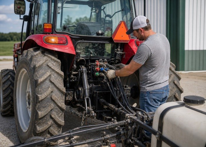 Tractor PTO and hydraulic setup check Operator checking tractor hydraulic and PTO setup before attaching an implement
