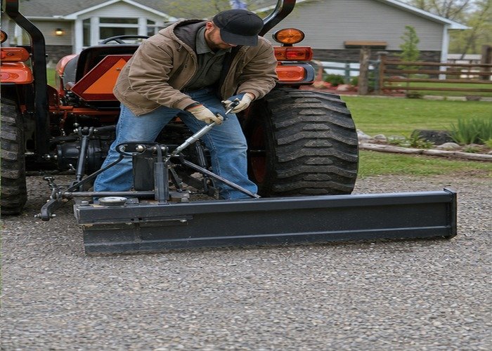 Operator adjusting top link and rear blade angle while tractor is parked safely