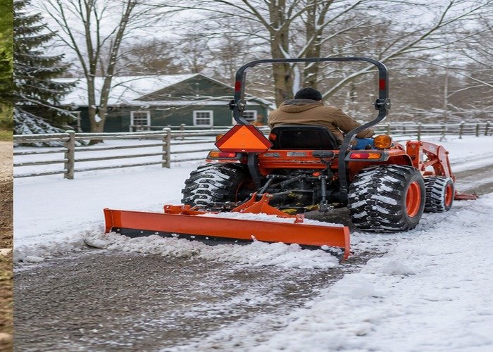 Compact tractor using a rear blade to clear light snow from a driveway Compact tractor using a rear blade to clear light snow from a driveway