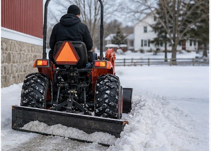 Compact tractor rear blade windrowing snow beside a barn lane Compact tractor rear blade windrowing snow beside a barn lane