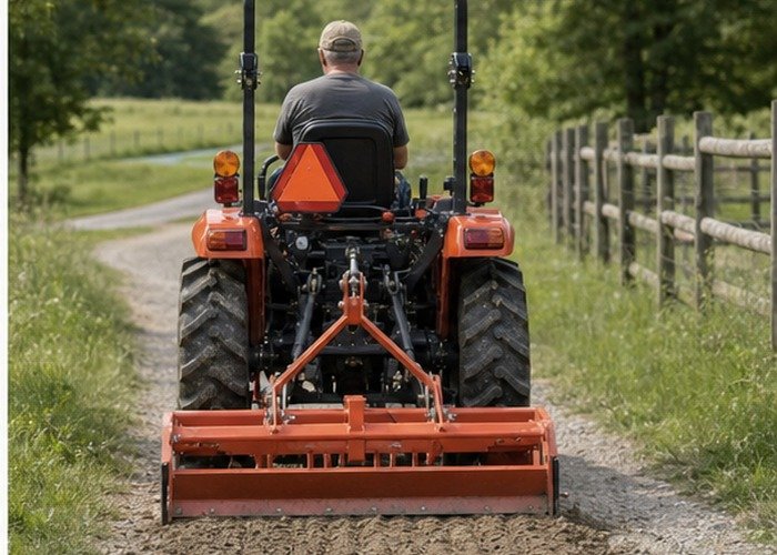 Compact tractor using a rear implement to maintain a small farm lane Compact tractor using a rear implement to maintain a small farm lane