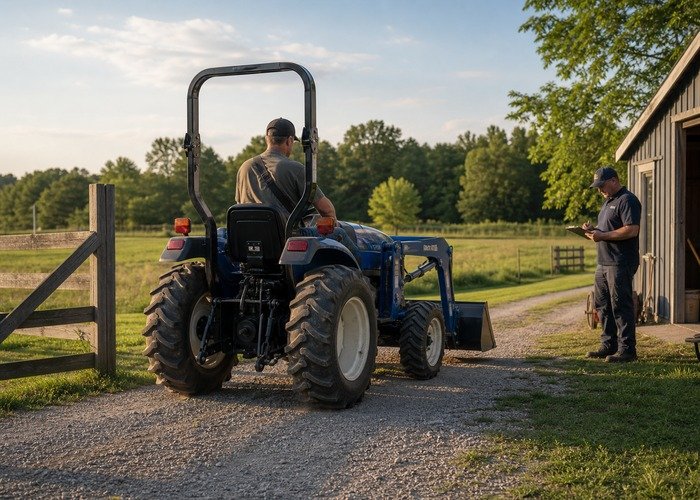 Compact tractor driving safely toward a field after a completed no-start repair
