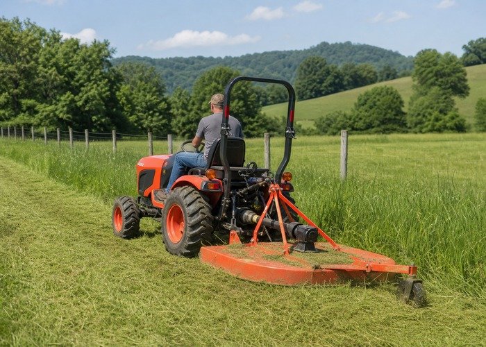 Compact tractor using a rotary cutter along a pasture edge on rural acreage
