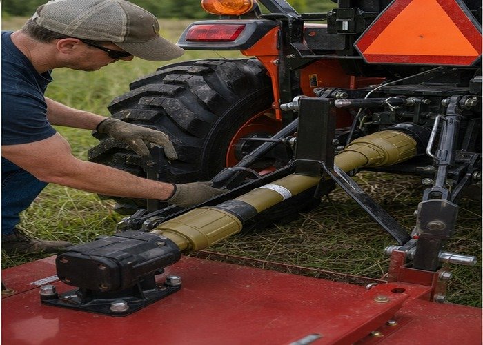 Operator checking guarded PTO shaft and cutter height before mowing Operator checking guarded PTO shaft and cutter height before mowing