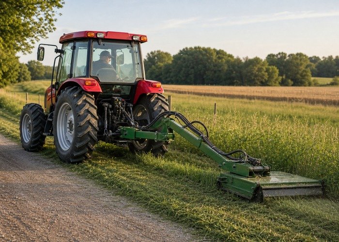 Tractor PTO rotary cutter work in pasture Compact tractor running a PTO rotary cutter through tall pasture grass