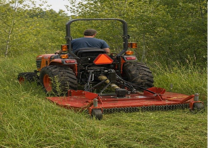 Compact tractor with rotary cutter entering tall grass at a field edge