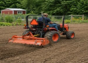 Compact tractor using a rotary tiller at controlled depth in a garden plot