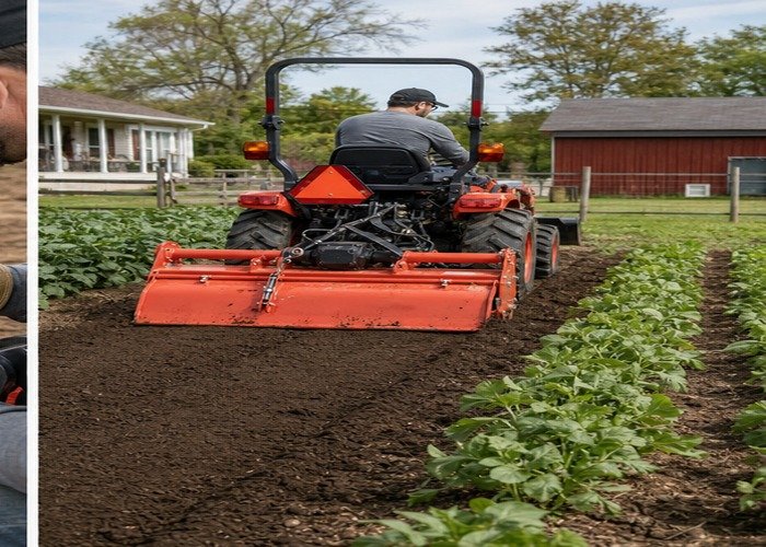 Compact tractor using rotary tiller to prepare a vegetable garden row Compact tractor using rotary tiller to prepare a vegetable garden row