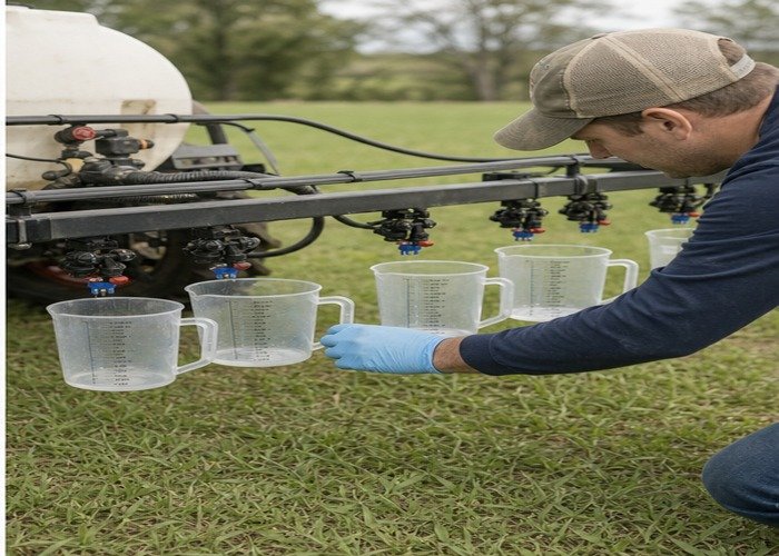 Operator performing a clean-water nozzle catch test with measuring containers Operator performing a clean-water nozzle catch test with measuring containers