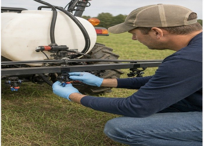 Operator inspecting nozzles and screens on a stopped boom sprayer Operator inspecting nozzles and screens on a stopped boom sprayer