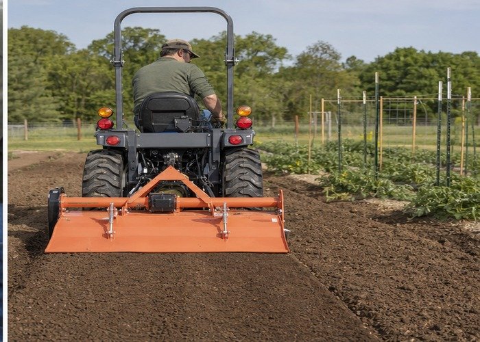 Properly leveled rear tiller working a straight garden pass Properly leveled rear tiller working a straight garden pass