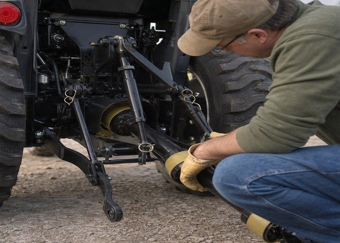 Operator checking lower links top link stabilizers and guarded PTO on a stopped tractor Operator checking lower links top link stabilizers and guarded PTO on a stopped tractor