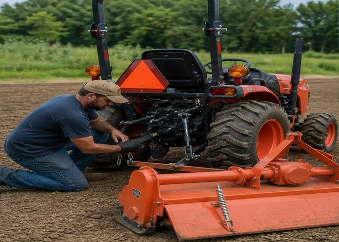 Operator checking guarded PTO connection and tiller skid shoe depth