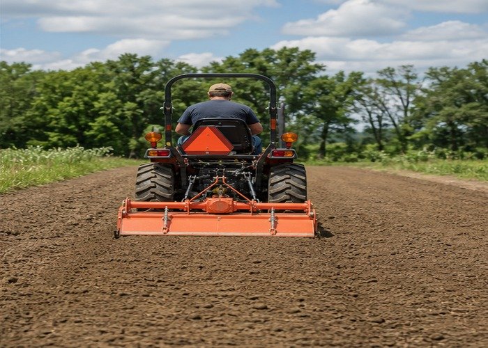 Compact tractor leaving a moderately textured seedbed after a final tiller pass