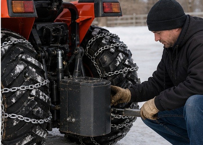 Operator checking tire chains and rear ballast before compact tractor snow work Operator checking tire chains and rear ballast before compact tractor snow work