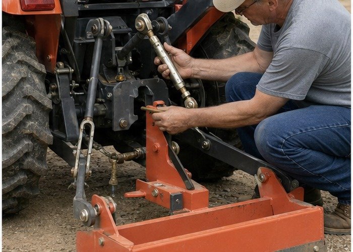 Close view of top link and stabilizers being checked on a compact tractor implement Close view of top link and stabilizers being checked on a compact tractor implement