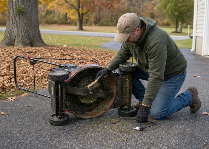 Owner cleaning a walk-behind mower deck on a driveway before winter storage