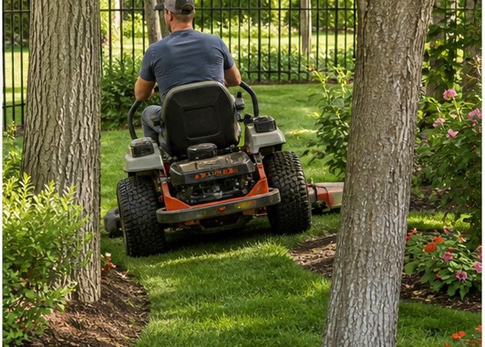 Zero-turn mower maneuvering around trees and landscape beds