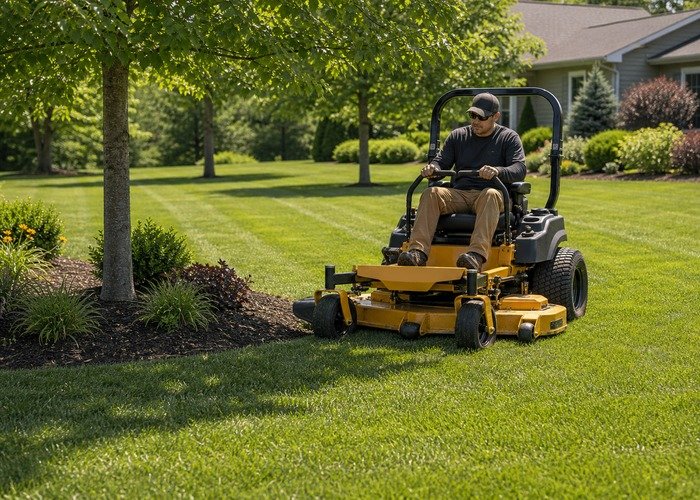 Zero-turn mower trimming around trees on flat lawn Zero-turn mower cutting cleanly around trees and landscape beds on a flat lawn