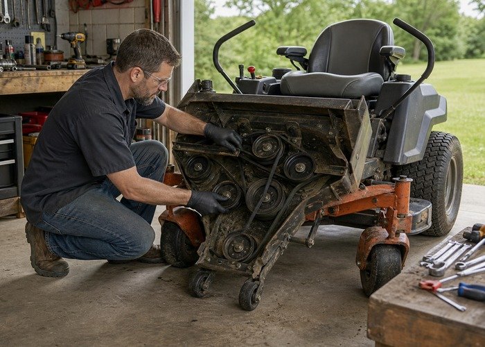 Technician inspecting belt tension and pulley alignment on a zero-turn mower deck with the machine off