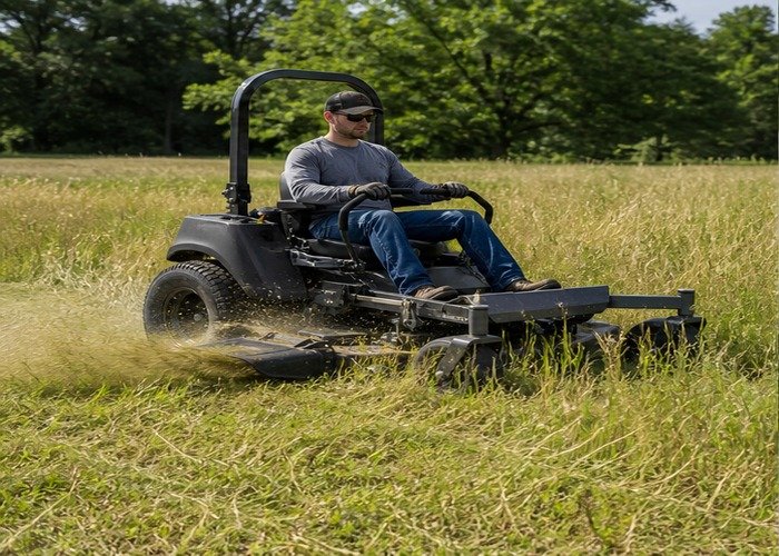 Zero-turn mower discharging dry clippings evenly while cutting moderately tall grass