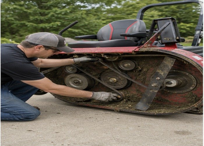 Operator safely inspecting zero-turn mower deck belt and blade area with the machine off Operator safely inspecting zero-turn mower deck belt and blade area with the machine off