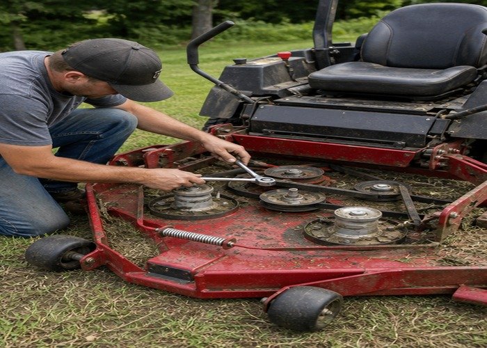 Owner inspecting belt routing idler pulleys and spindles on an accessible zero-turn mower deck Owner inspecting belt routing idler pulleys and spindles on an accessible zero-turn mower deck