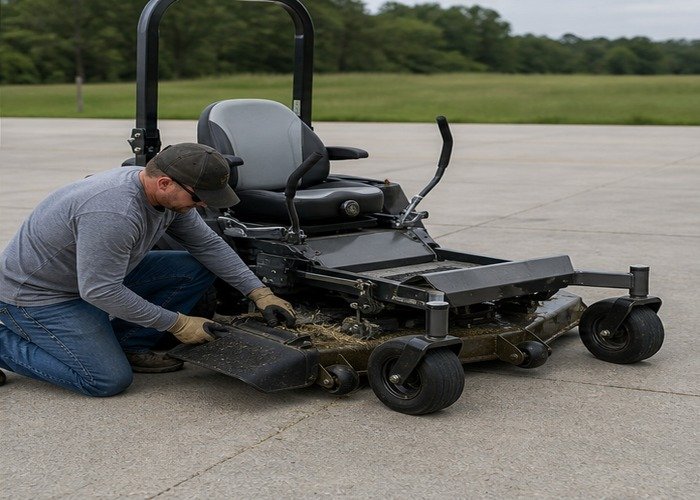 Operator safely inspecting a stopped zero-turn mower deck and discharge chute Operator safely inspecting a stopped zero-turn mower deck and discharge chute