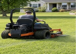 Zero-turn mower producing a clean discharge pattern on a dry lawn