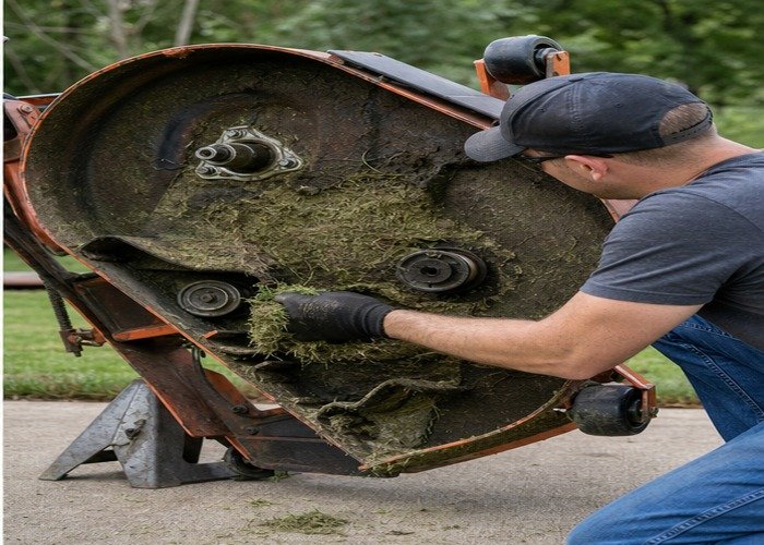 Operator inspecting grass buildup under a mechanically supported mower deck