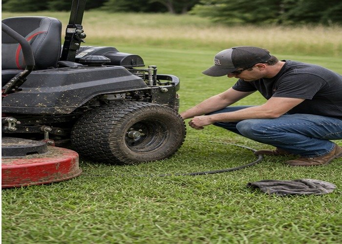 Owner checking zero-turn mower hydrostatic drive area and tire pressure after mowing Owner checking zero-turn mower hydrostatic drive area and tire pressure after mowing