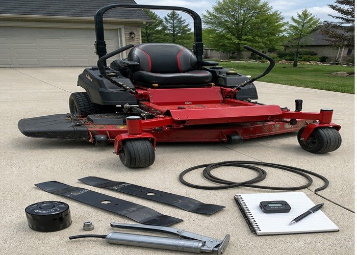 Zero-turn mower with blades belt oil filter grease gun and hour meter notebook for service planning