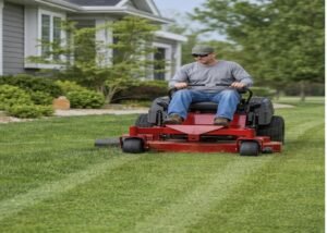 Zero-turn mower making an even pass on a residential lawn