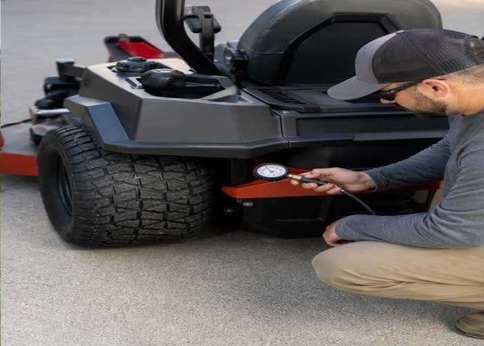 Operator checking a stopped mower rear tire with a pressure gauge Operator checking a stopped mower rear tire with a pressure gauge
