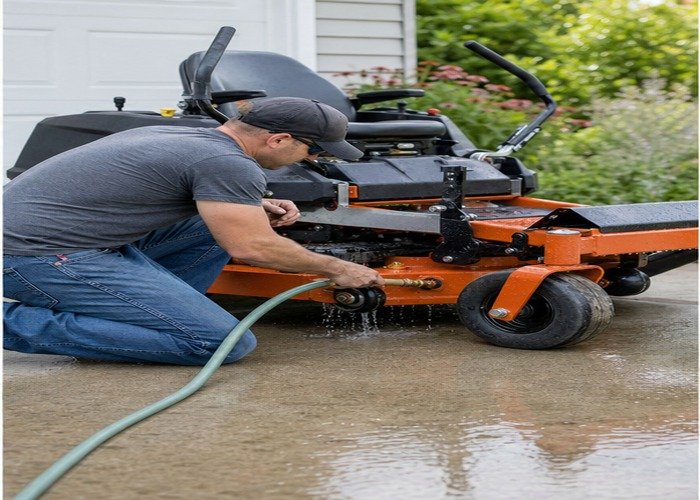 Operator connecting a garden hose to a stopped zero-turn mower washout port