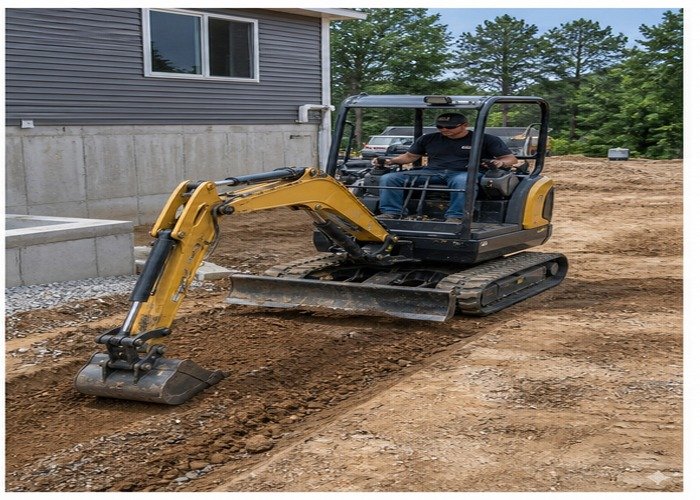 2.5-ton mini excavator grading beside a residential foundation 2.5-ton mini excavator grading beside a residential foundation
