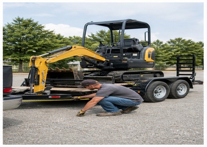 Operator checking trailer setup beside a 2.5-ton mini excavator Operator checking trailer setup beside a 2.5-ton mini excavator