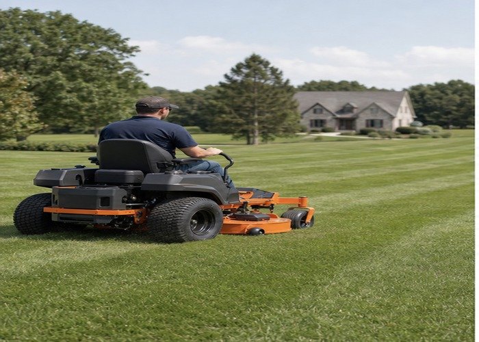 Commercial zero-turn mower cutting a large maintained property