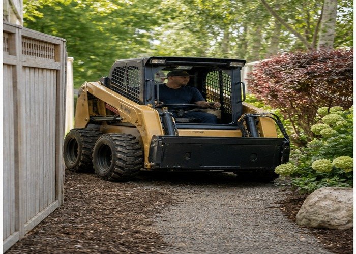 Compact skid steer turning through a narrow landscaped access route Compact skid steer turning through a narrow landscaped access route