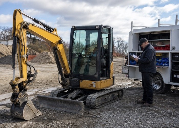 Planned mini excavator maintenance beside an organized service truck