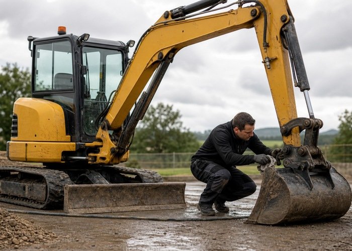 Technician cleaning and inspecting excavator attachment pins Technician cleaning and inspecting excavator attachment pins