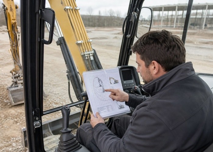 Operator reviewing an excavator lifting chart in the cab Operator reviewing an excavator lifting chart in the cab