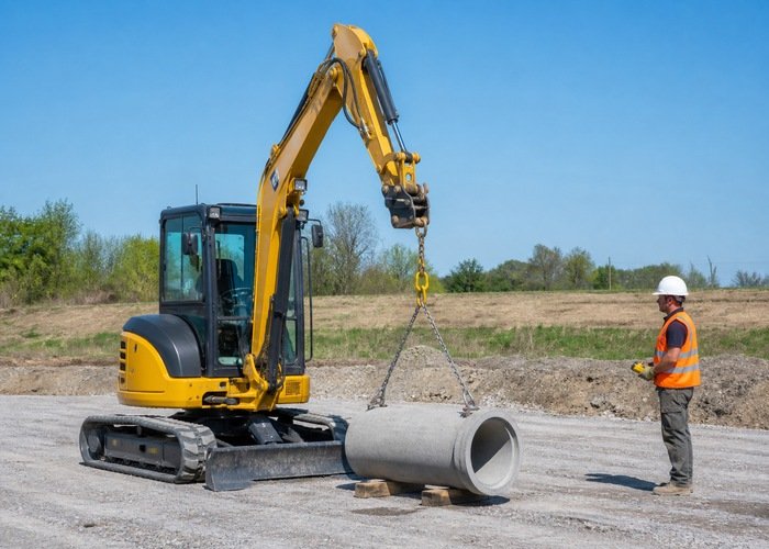 Compact excavator preparing a controlled concrete pipe lift