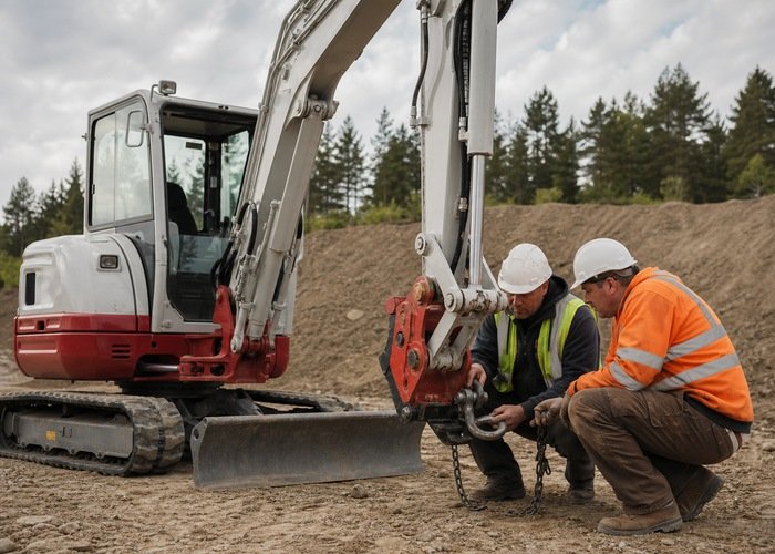 Workers inspecting a grounded excavator lifting hook and chain Workers inspecting a grounded excavator lifting hook and chain