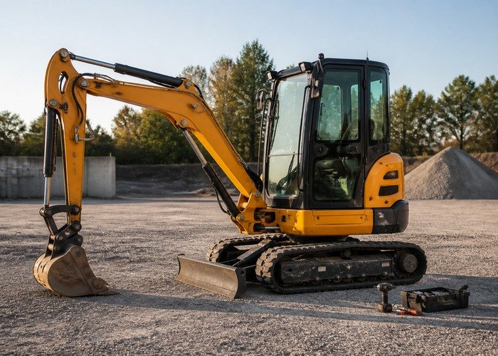 Mini excavator prepared for a level-ground maintenance inspection